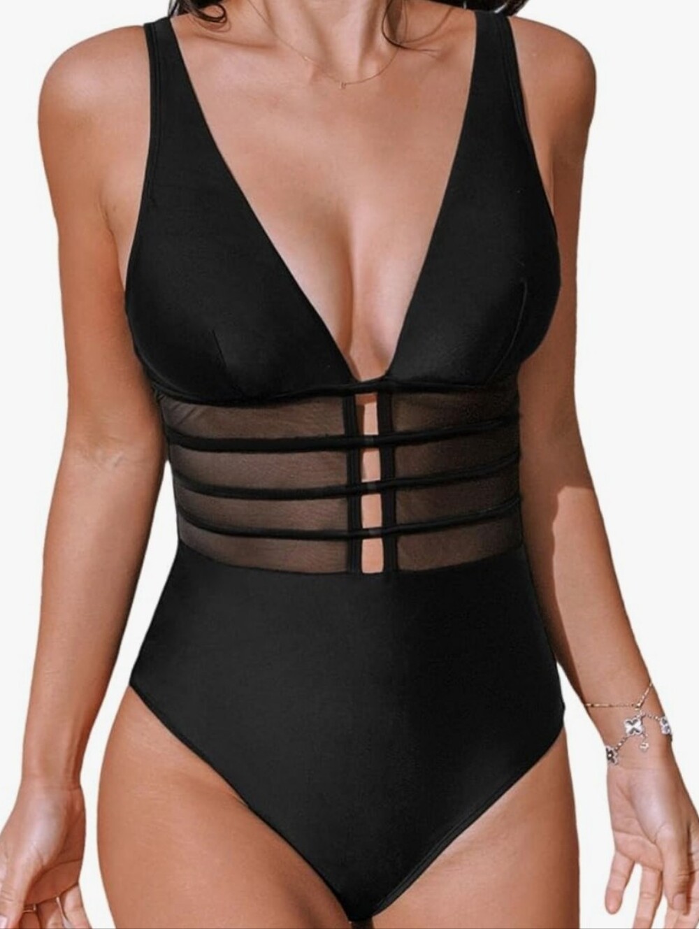 NWT Black Plunge Mesh Striped One Piece Swimsuit